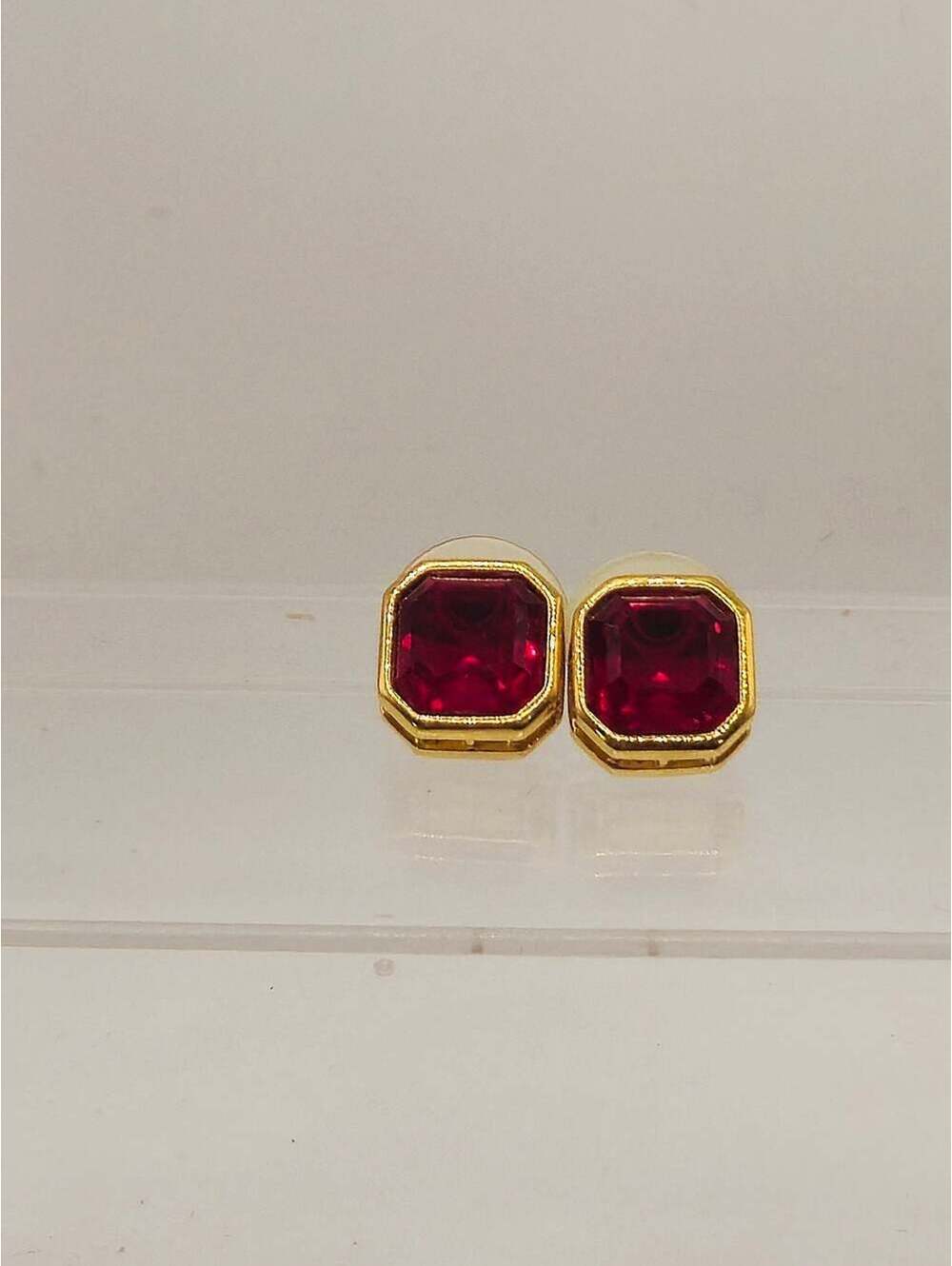 Vintage Octagon Red Stone Stud Earrings Gold Tone